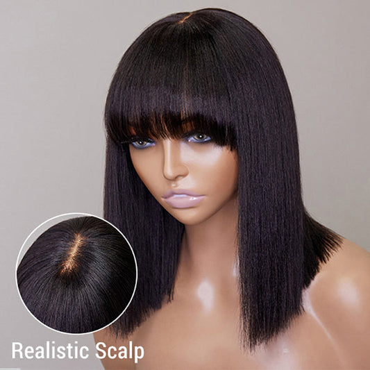 TedHair 12 Inch Realistic Yaki Straight Bob With Bangs 2x1 Minimalist Lace Wig 150% Density