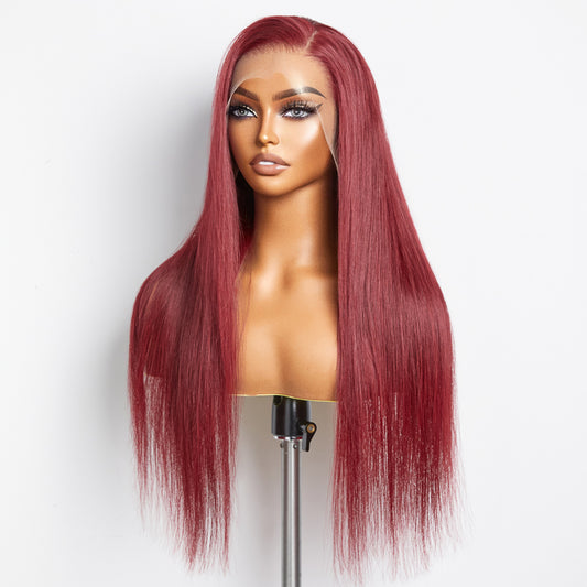 Tedhair 24 Inches Burgundy 13"x4" Lace Front Straight Wig Pre-Plucked Free Part 150% Density-100% Human Hair