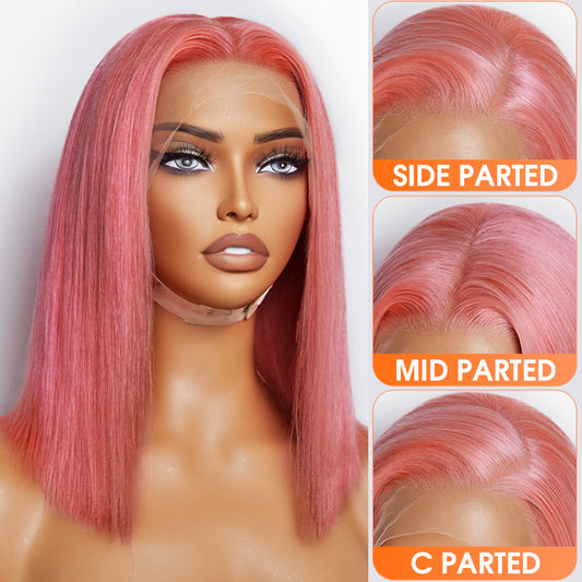 TedHair 150% Density 13x4 Pre-Plucked Lace Frontal Bob Wig Straight #Pink