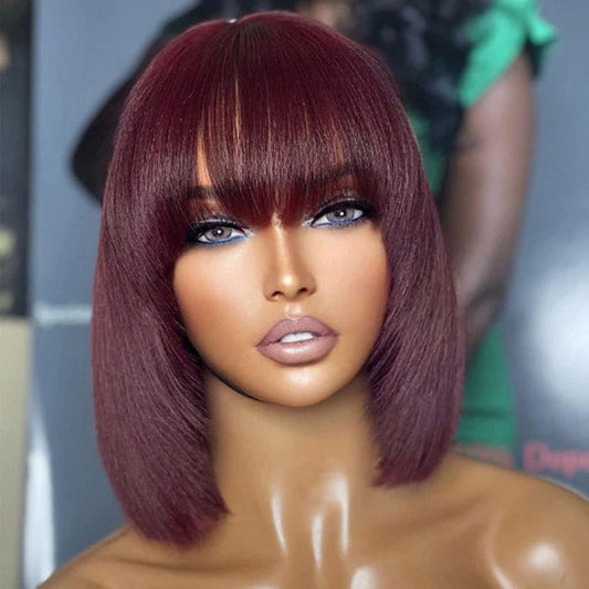 TedHair 150% Density Reddish Purple Layered Cut Minimalist Lace Bob Wig Yaki Straight #99J