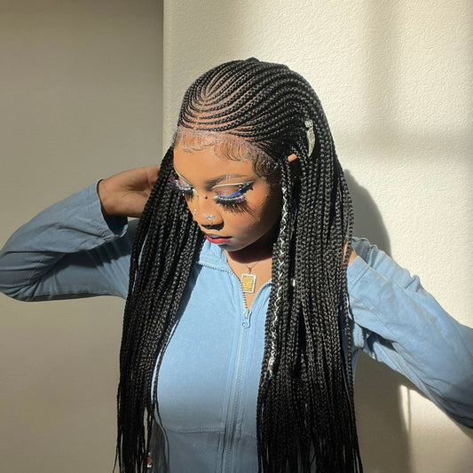 Tedhair 30 Inches 13x7 Fulani Braided Neat Braids Lace Front Wigs 200% Density-100% Handmade