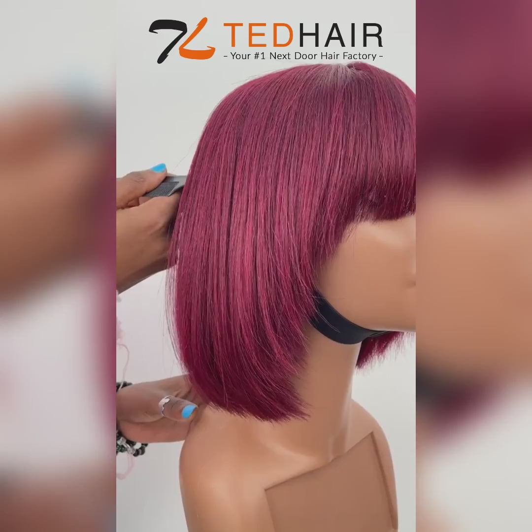 TedHair 10 Inches Reddish Purple Layered Cut Yaki Straight #99J Lace Bob Wig With Bangs