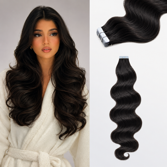 TedHair Premium Quality Body Wavy Tape In Remy Hair Extensions #1B Natural Black