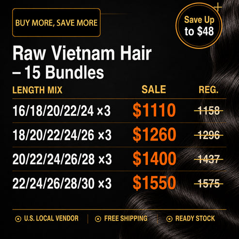2026 Package Deal | 15pcs Raw Vietnam Hair Bundle Deal $1110 -$1550 #1B Natural Black