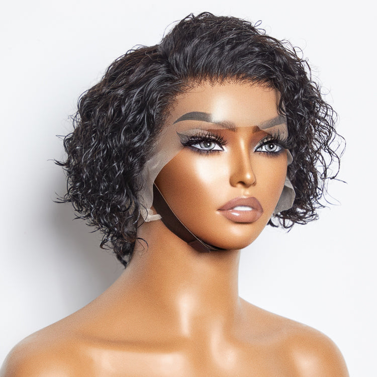 TedHair 8 inch Short Curly Pixie Cut 13"x4" Frontal Lace Wig Pre-Bleached Knots Brazilian Human Virgin Hair 150% Density