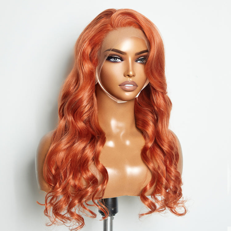 Tedhair 24 Inches Ginger 13"x4" Lace Front Body Wavy Wig Pre-Plucked Free Part 150% Density-100% Human Hair