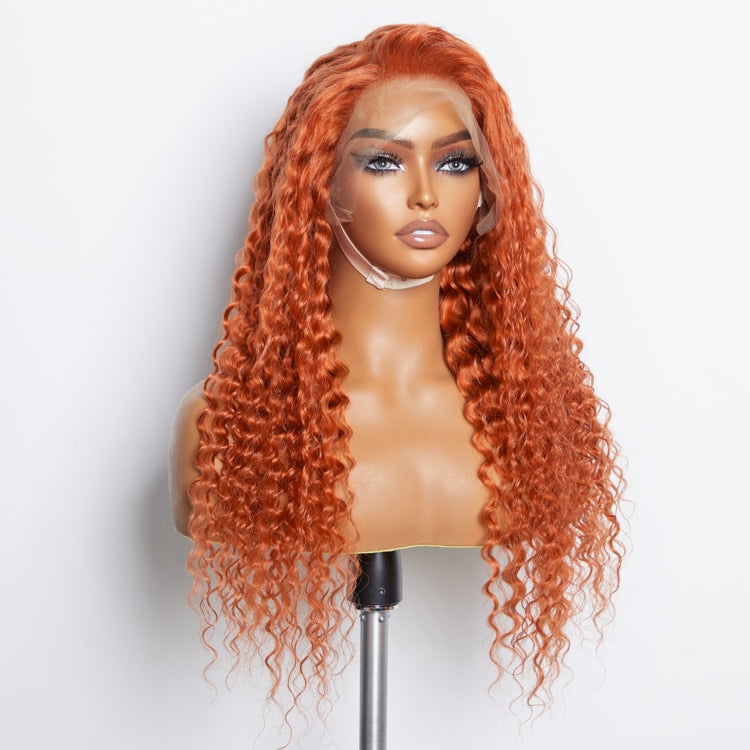 Tedhair 24 Inches Ginger 13"x4" Lace Front Deep Wavy Wig Pre-Plucked Free Part 150% Density-100% Human Hair