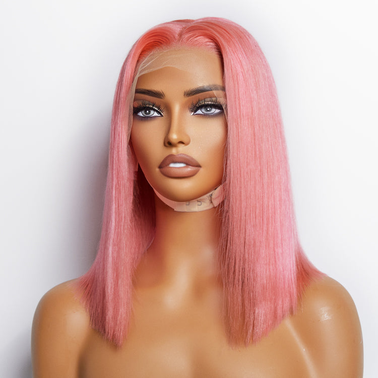 Tedhair 12 Inches Pre-Plucked 13"x4" #Pink Straight Bob Lace Frontal Wig 150% Density-100% Human Hair