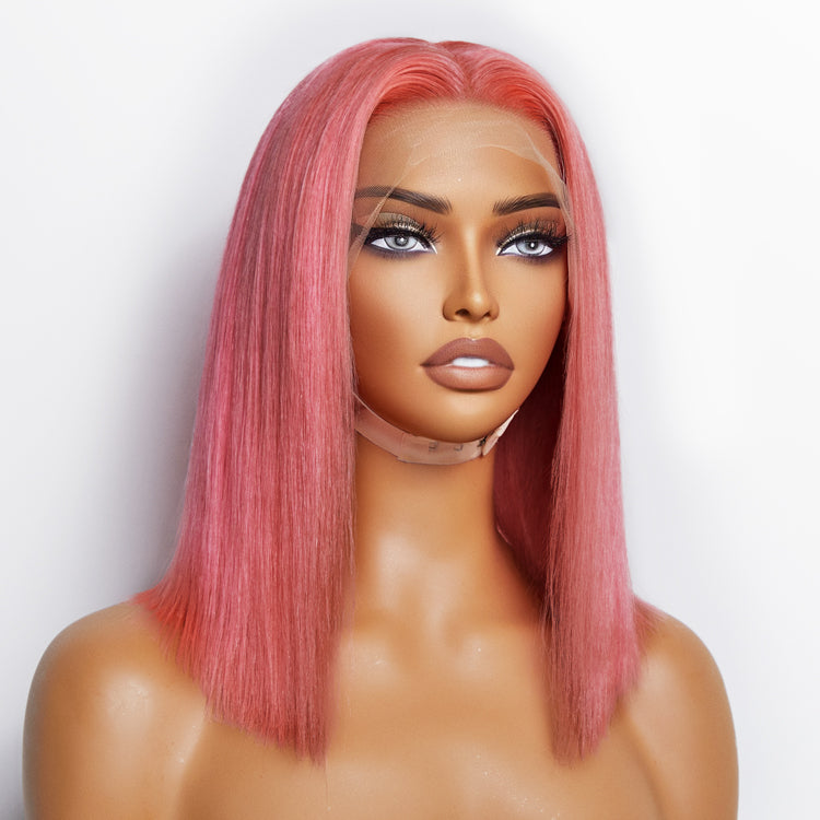 Tedhair 12 Inches Pre-Plucked 13"x4" #Pink Straight Bob Lace Frontal Wig 150% Density-100% Human Hair