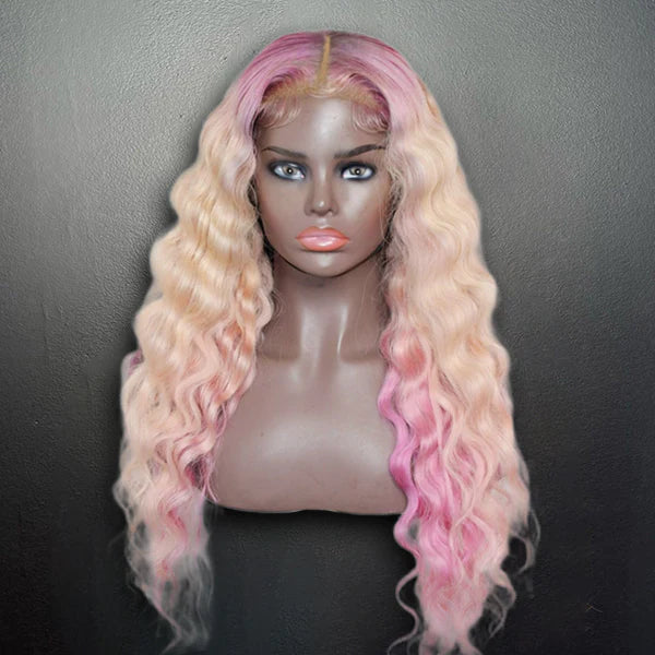 Tedhair 24 Inches 13x4 #613 & Pink Highlight Deep Wave Lace Front Wig 200% Density-100% Human Hair