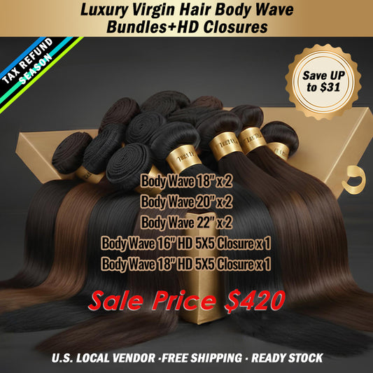 2026 Tax Refund Season Package Deal ｜8pcs Luxury Virgin Hair Body Wave Bundles + HD Closures $420 #1B Natural Black