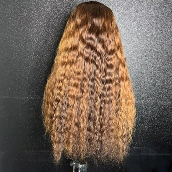 Tedhair 20/24 Inches 13x4 Brown & Blonde Highlight Deep Curly Lace Front Wig 200% Density-100% Human Hair