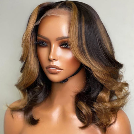 TedHair 14 Inches Blonde Mix Black Loose Wave 5x5 Closure HD Lace Glueless Mid Part Short Wig