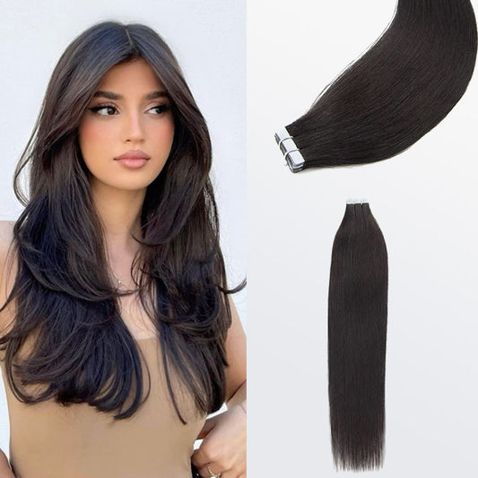 TedHair Premium Quality Straight Tape In Remy Hair Extensions #1B Natural Black