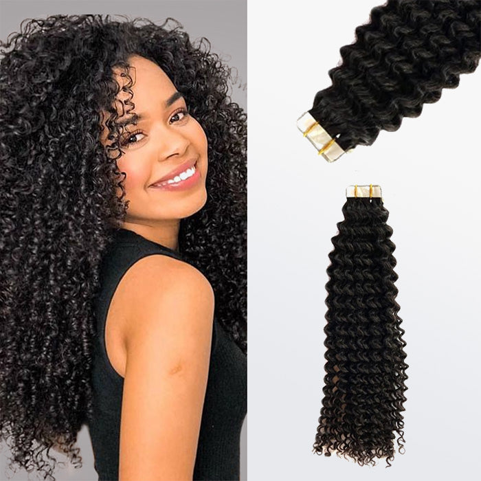 TedHair Afro-textured Kinky Curly Tape In Remy Hair Extensions #1B Natural Black