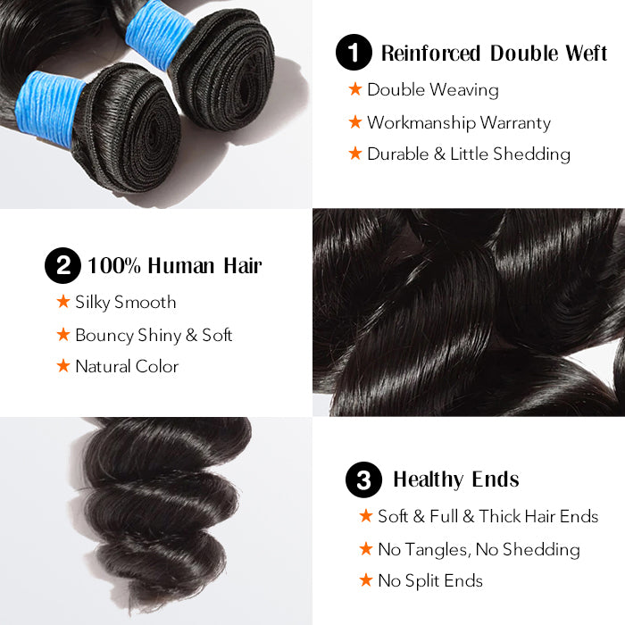 TedHair 10-30 Inch Loose Wavy Virgin Brazilian Hair #1B Natural Black