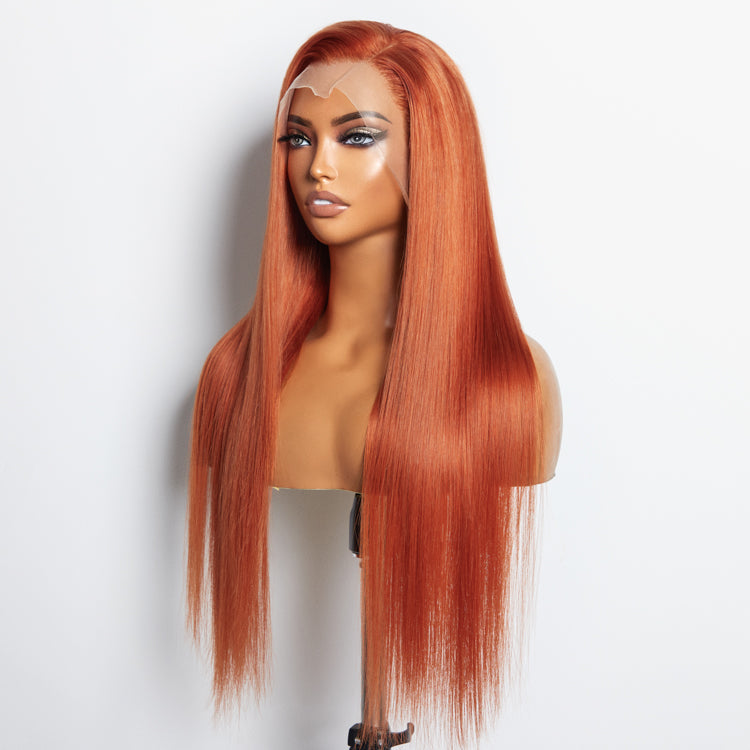 Tedhair 24 Inches Ginger 13"x4" Lace Front Straight Wig Pre-Plucked Free Part 150% Density-100% Human Hair