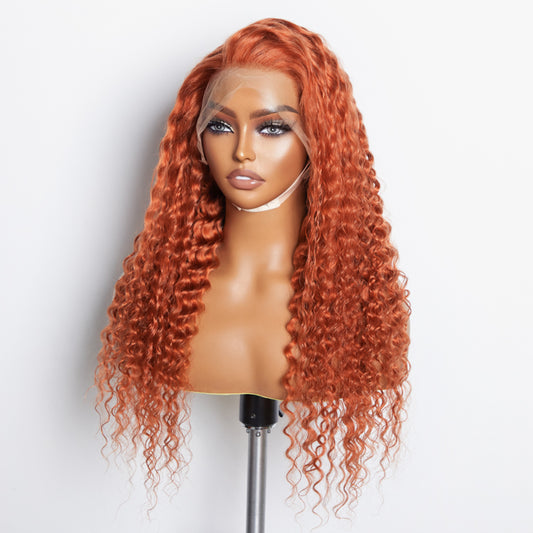 Tedhair 24 Inches Ginger 13"x4" Lace Front Deep Wavy Wig Pre-Plucked Free Part 150% Density-100% Human Hair