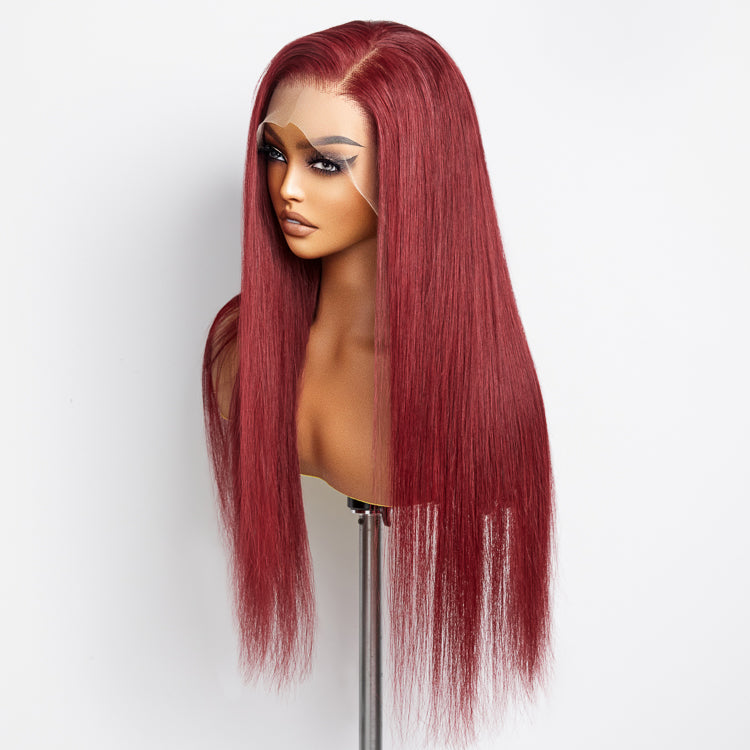 Tedhair 24 Inches Burgundy 13"x4" Lace Front Straight Wig Pre-Plucked Free Part 150% Density-100% Human Hair