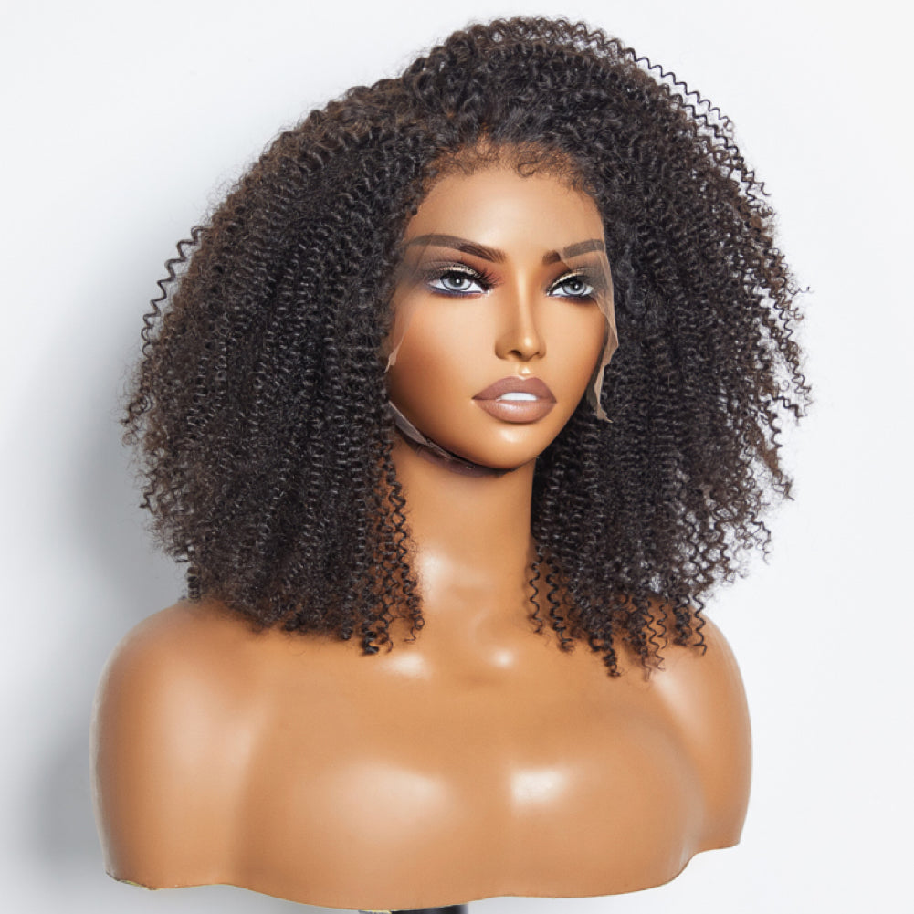 Tedhair 16 Inches 13"x4" Afro Kinky Curly 4C Edge Hairline #1B Lace Frontal Wig-100% Human Hair