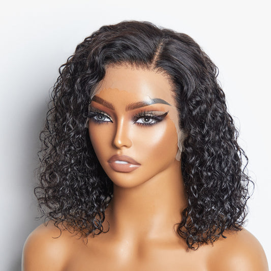 TedHair 12/14 Inches 13"x4" Natural Black Water Wavy Bob 3D Transparent Lace Frontal Wig-100% Human Hair
