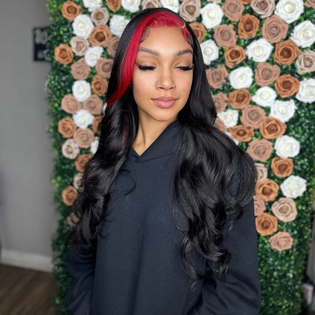 Tedhair 28 Inches 13x4 #1B/Highlight Red Body Wave Lace Frontal Wigs 200% Density-100% Human Hair