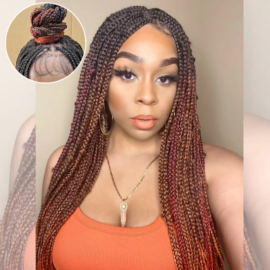 Tedhair 28 Inches 4x4 Black to Orange Ends Box Braids Lace Closure Wigs 200% Density-100% Handmade