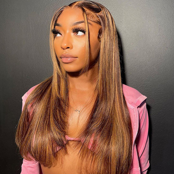 Tedhair 22/24/26/28 Inches 13x4 Highlight Brown Layered Straight Lace Front Wig 180% Density-100% Human Hair