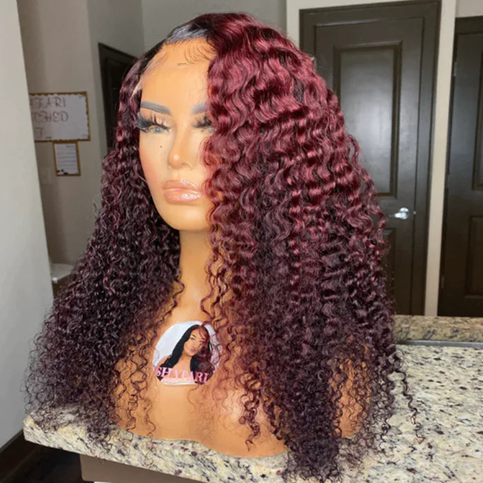 Tedhair 24 Inches 13x4 Ombre Red & Burgundy Kinky Curly Lace Front Wig 200% Density-100% Human Hair