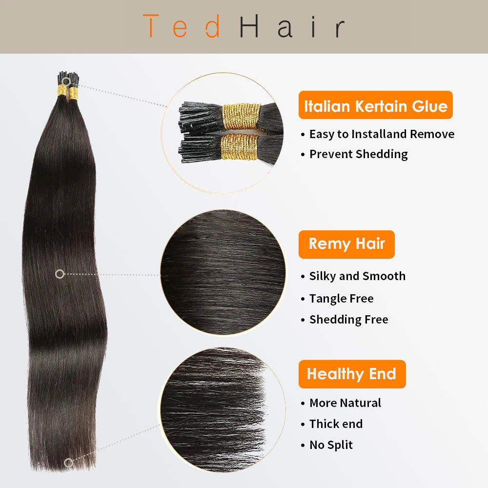 Tedhair I Tip Hair Extensions Straight Natural Remy Human Hair (#1B Natural Black)