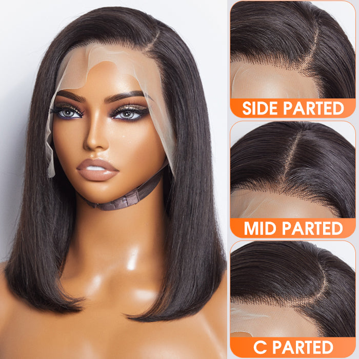 Tedhair 12 Inches 13x4 #1B Straight Lifting Bang Side Part Lace Frontal Wig-100% Human Hair