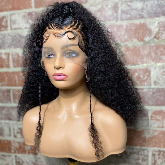 Tedhair 16/18/20 Inches Afro Poofy Curly Style with Special Braids 13x6 Lace Frontal Wig with Ponytail 250% Density-100% Human Hair