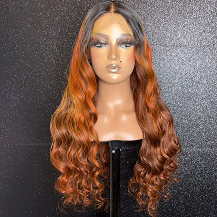 Tedhair 24 Inches 5x5 #1B/ginger Body Wavy Lace Front Wigs 180% Density-100% Human Hair