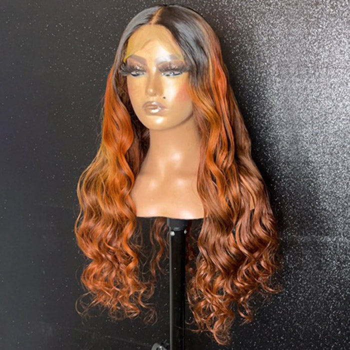 Tedhair 24 Inches 5x5 #1B/ginger Body Wavy Lace Front Wigs 180% Density-100% Human Hair