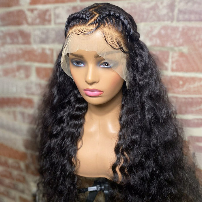 Tedhair 28 Inches 13x4 Half Braids Water Wave Lace Frontal Wigs 200% Density-100% Human Hair