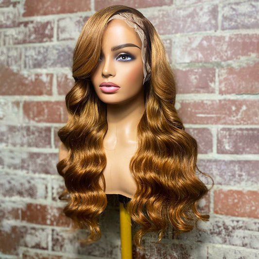 Tedhair 24 Inches 13x4 Gorgeous Golden Brown Body Wavy Lace Frontal Wigs 180% Density-100% Human Hair