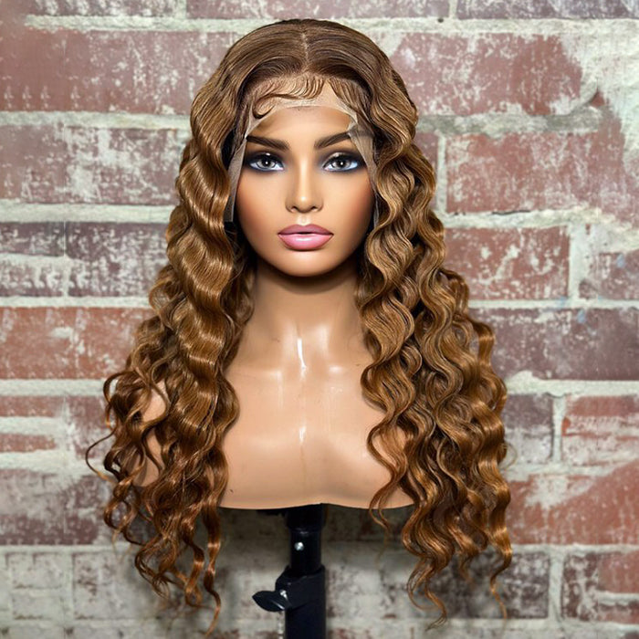 Tedhair 24 Inches 13x4 Honey Blonde Crimps Curls Lace Frontal Wigs 180% Density-100% Human Hair