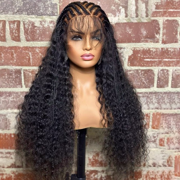 Tedhair 28 Inches 13x6 #1B Deep Curly with Braids Lace Frontal Wigs 180% Density-100% Human Hair