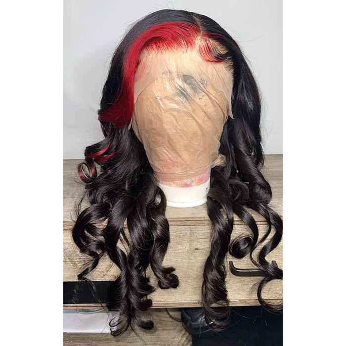Tedhair 28 Inches 13x4 #1B/Highlight Red Body Wave Lace Frontal Wigs 200% Density-100% Human Hair