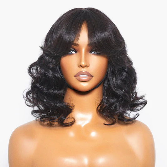 TedHair 12 Inches Mature Lady Short Loose Wave #1B Lace Wig With Bangs