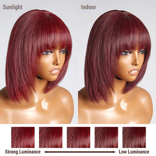 TedHair 10 Inches Reddish Purple Layered Cut Yaki Straight #99J Lace Bob Wig With Bangs