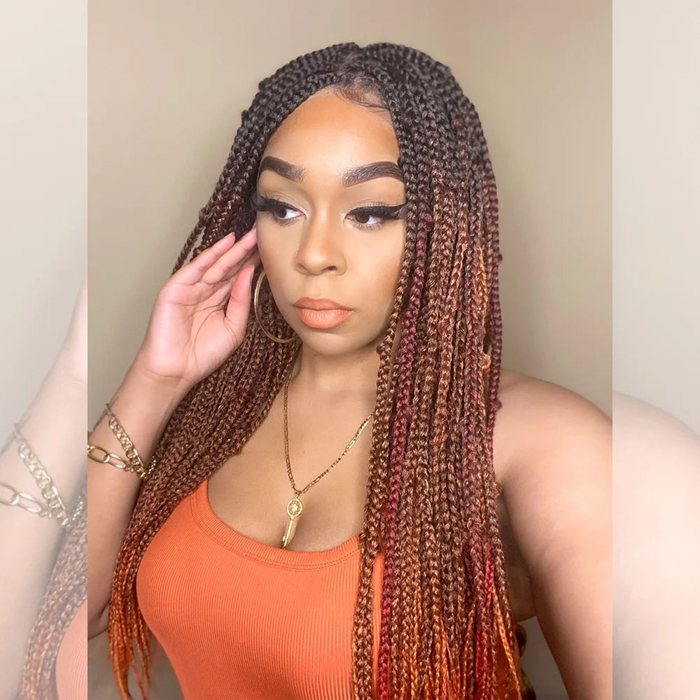 Tedhair 28 Inches 4x4 Black to Orange Ends Box Braids Lace Closure Wigs 200% Density-100% Handmade