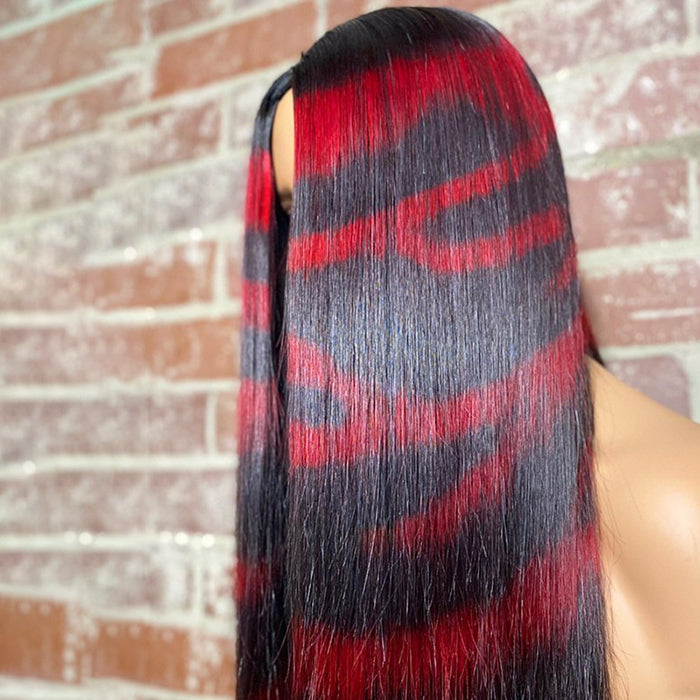 Tedhair 24 Inches 13x4 Ruby Red Zebra Print Straight Lace Frontal Wigs 180% Density-100% Human Hair