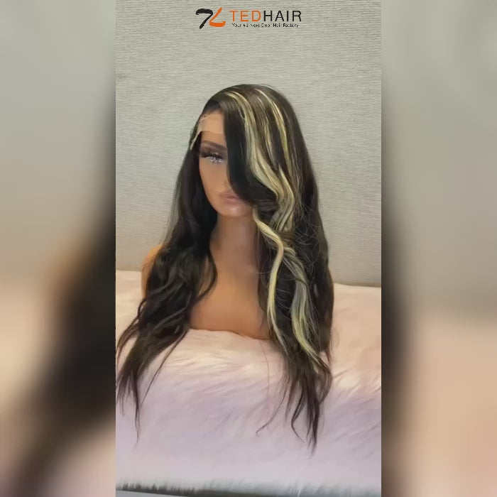Tedhair 20 Inches 13x4 Highlight Feather Bang Body Wave Lace Front Wig 180% Density-100% Human Hair