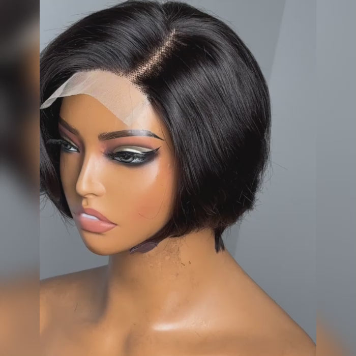 TedHair 8 Inches 4"x4" Natural Black Straight Bob Side Part Lace Closure Wig-100% Human Hair