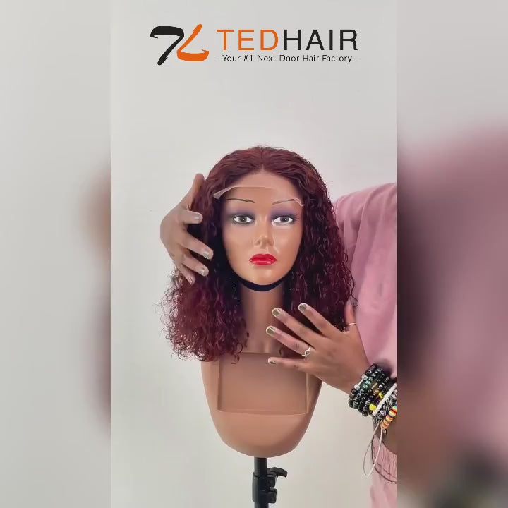 TedHair 14 Inches 4x4 Pre-plucked Reddish Brown Curly Glueles Lace Closure Wig-100% Human Hair
