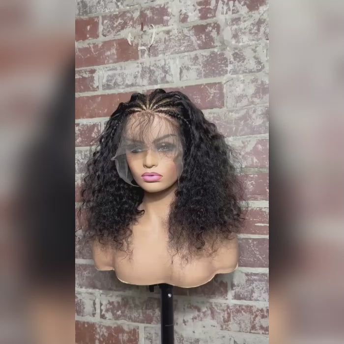Tedhair 16 Inches 13x6 Seven Braids with Half Curls Lace Frontal Wigs 200% Density-100% Human Hair
