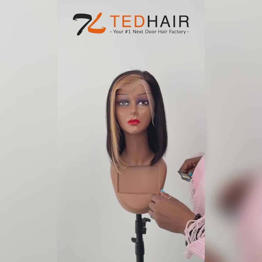 TedHair 10 Inches Blonde Highlight Bob With Bangs #1B/27 13x4 Straight Frontal Lace C Part Short Wig