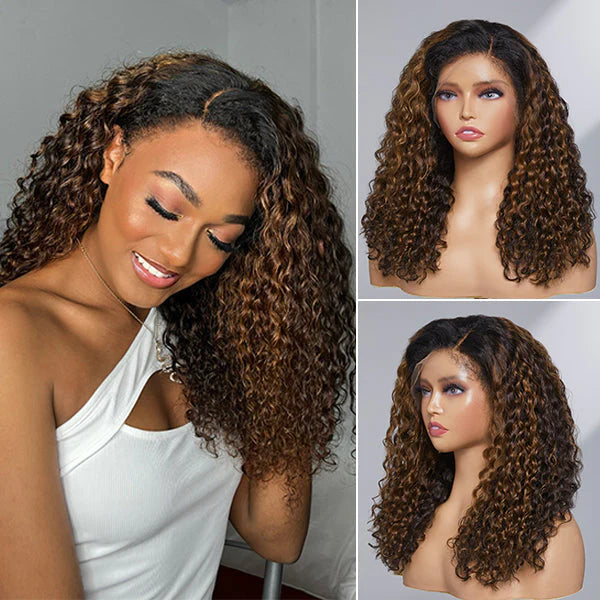 TedHair 16-20 Inches 4C Edges | Kinky Edges Ombre Brown Deep Wave 13x4 Frontal HD Lace Side Part Long Wig-100% Human Hair